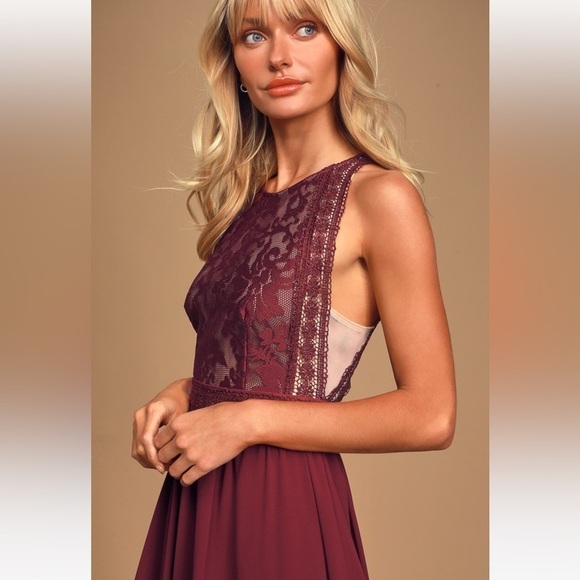 Lulu's Forever & Always Lace Bodice Tulle Maxi Dress, Burgundy, Size Small - Picture 2 of 16